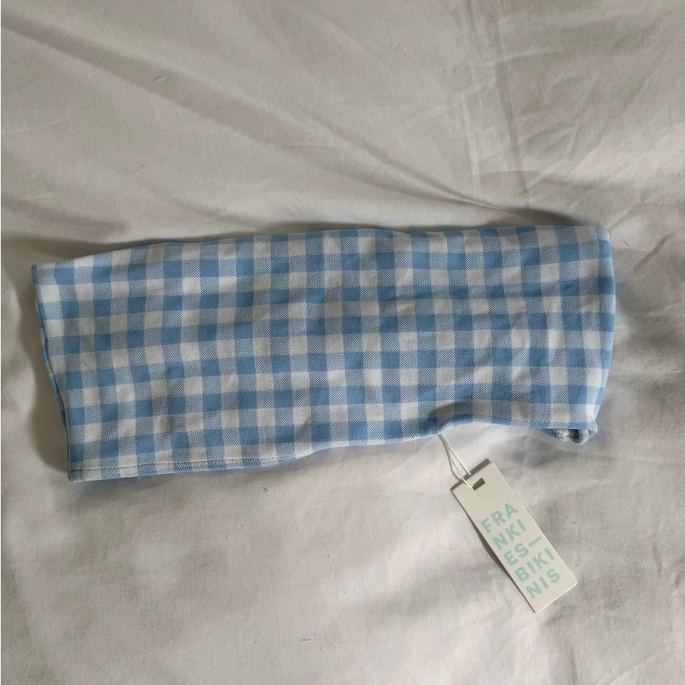 Frankie’s Bikinis Blue Gingham Jenna Bandeau Top NWT